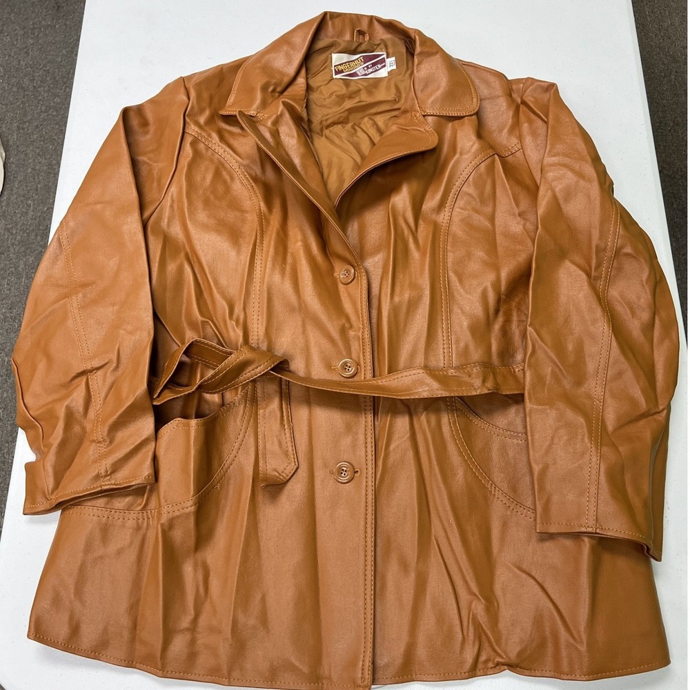 Fingerhut Fashions Jacket Womens 22.5 Brown Faux Leather Belted Vintage Coat